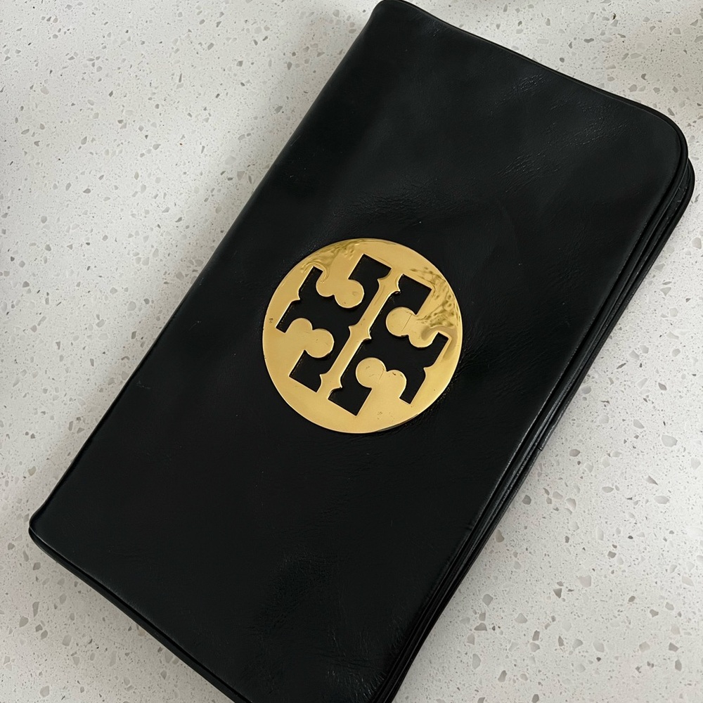 Tory Burch Reva Black Clutch with Gold Logo
